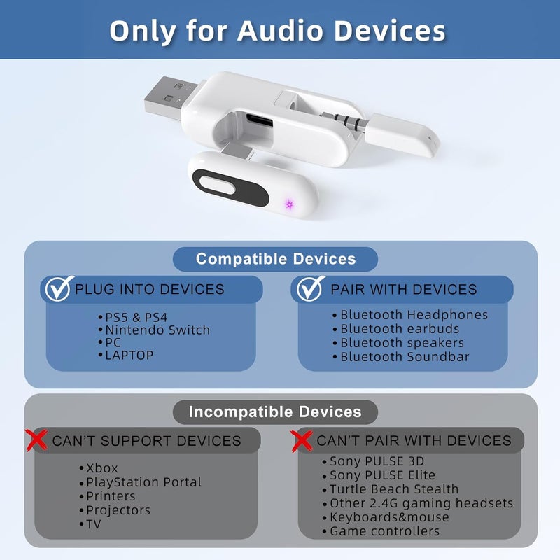 YOCOWOCO USB-C Bluetooth Adapter for PS5, 2-in-1 USB-A Bluetooth Audio Adapter for PS4 with aptX-Adaptive & Low Latency, Wireless Audio Transmitter to Connect Bluetooth Headphones & Earbuds - Image 3